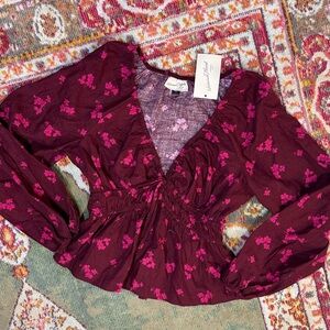Universal Thread Dark Red Burgundy & Pink Floral Smocked Long Sleeve Blouse